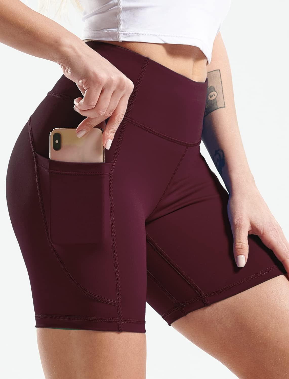 High Waist Yoga Shorts for Women Workout Running Shorts Naked Feeling Biker Shorts Tummy Control Deep Pockets, Wine Red, XS