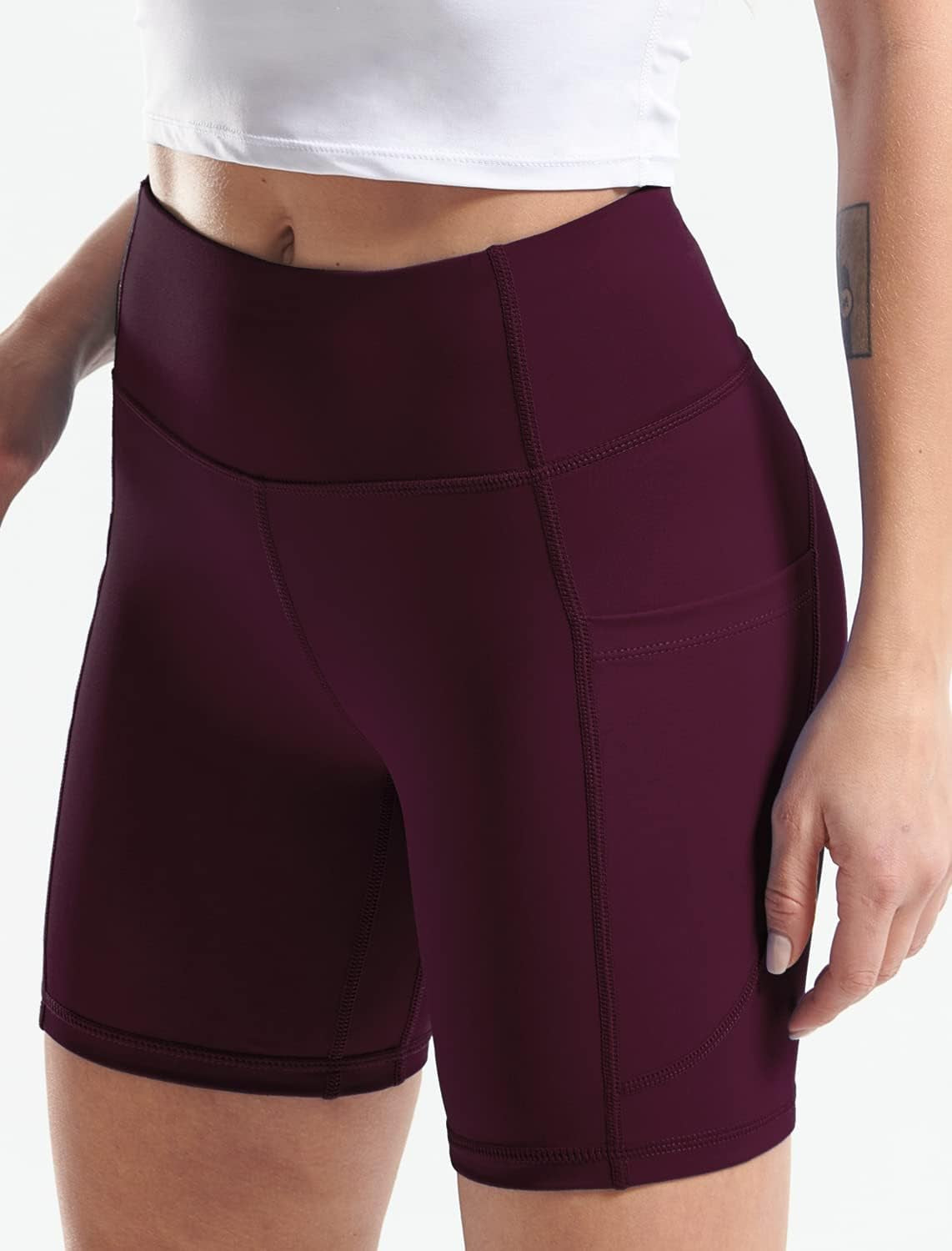 High Waist Yoga Shorts for Women Workout Running Shorts Naked Feeling Biker Shorts Tummy Control Deep Pockets, Wine Red, XS