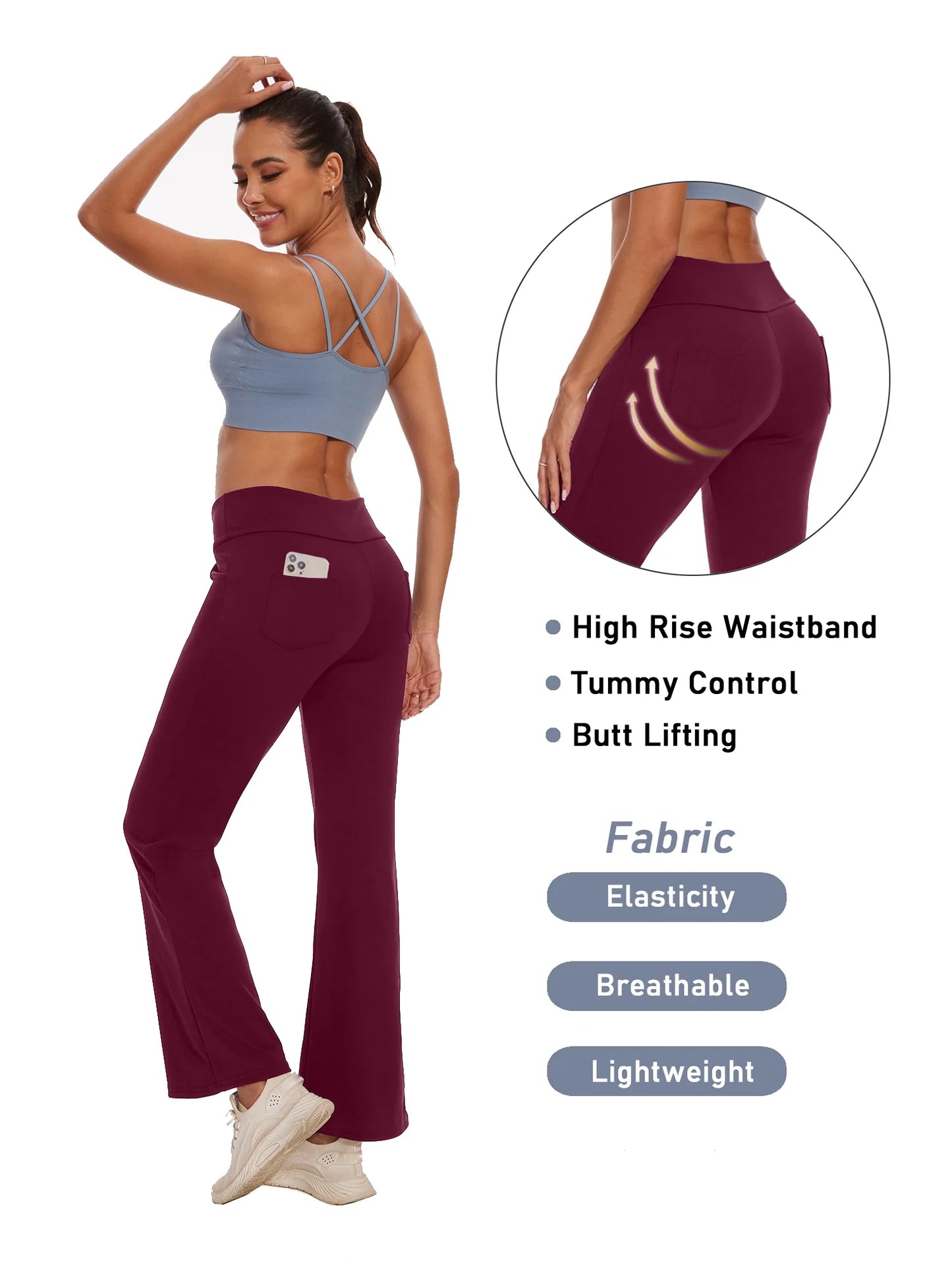 Yoga Pants for Women Bootcut High Waist Pant with Pockets Workout Trousers Activewear Dark Red 2XL