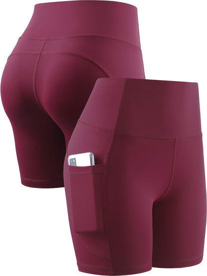 High Waist Yoga Shorts for Women Workout Running Shorts Naked Feeling Biker Shorts Tummy Control Deep Pockets, Wine Red, XS