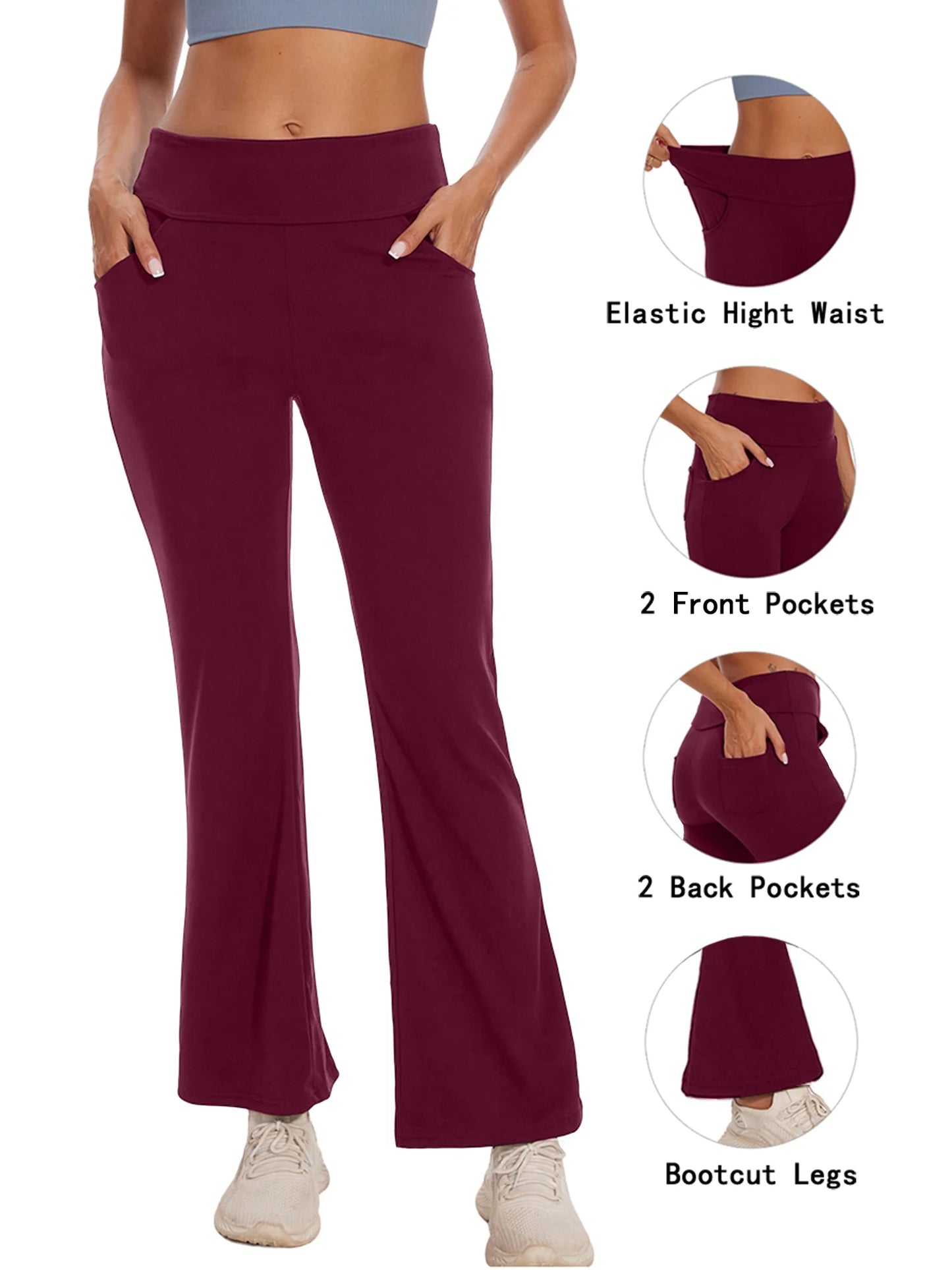Yoga Pants for Women Bootcut High Waist Pant with Pockets Workout Trousers Activewear Dark Red 2XL